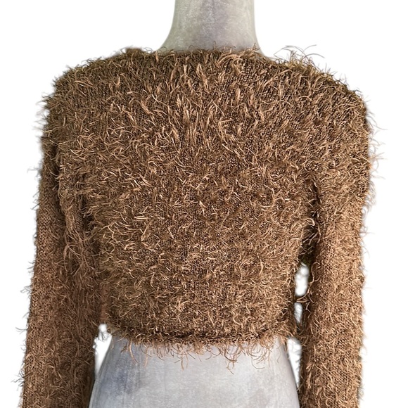 RARE Lianne Barnes Vintage Tan Fuzzy Feathery Tie Front Crop Cardigan Bolero XS - Picture 6 of 12